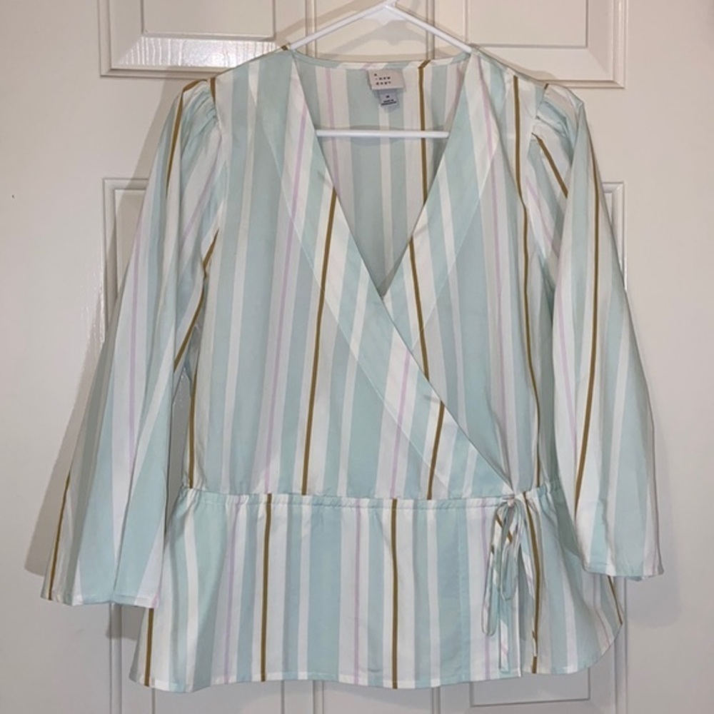 A New Day • Women’s Tops A New Day 3/4 Sleeve Striped Wrap Blouse • Size Medium - Picture 2 of 8